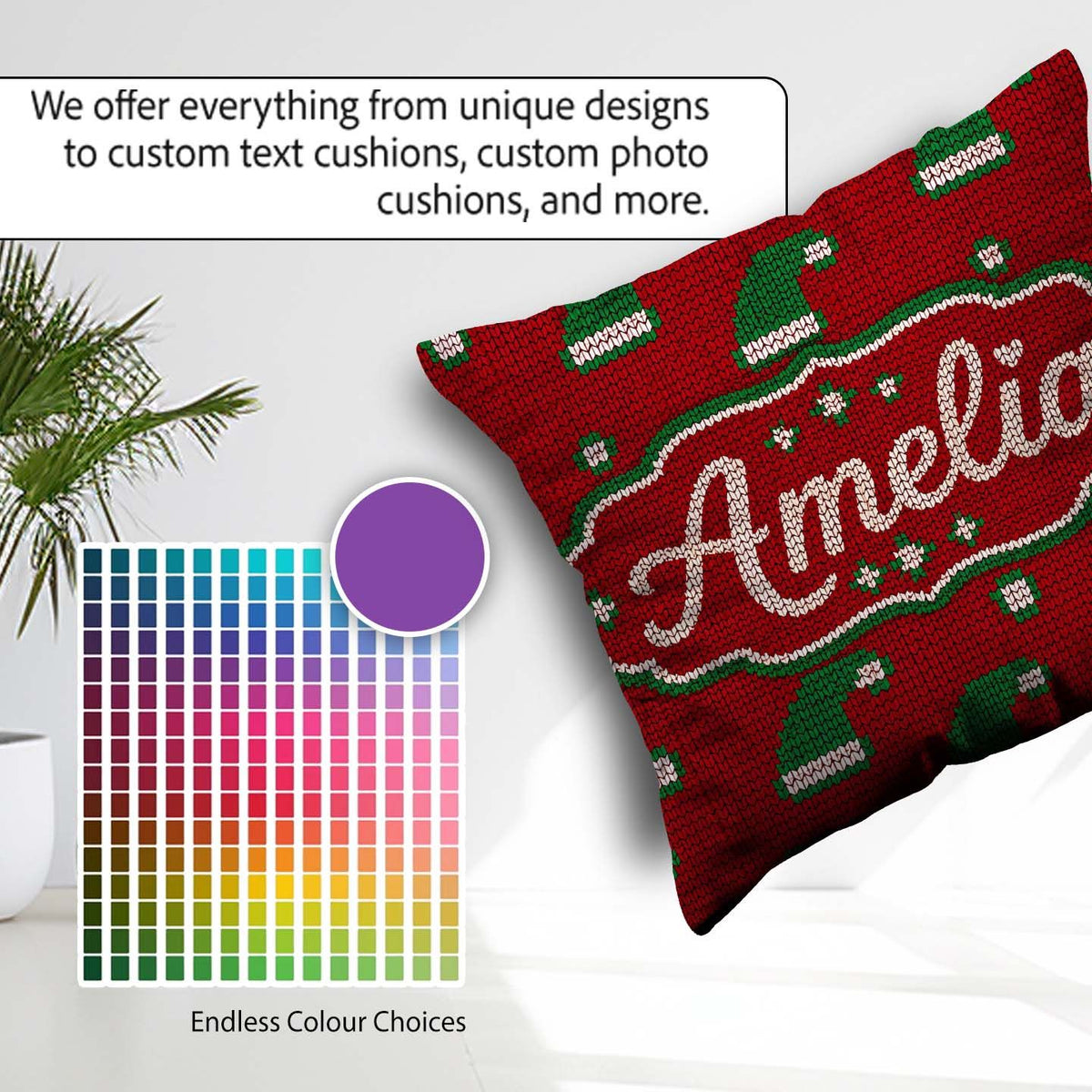 Custom Name Cute Red Green Christmas Hat Festive Knitted Pattern Square Filled Cushion Throw Pillow Sofa Bed Home Decor Zip Washable UK Made