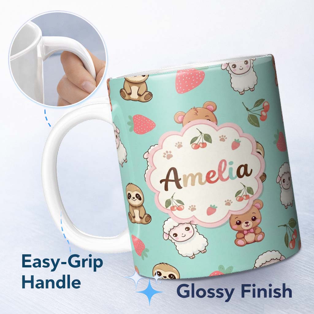 Personalized Custom Name Cute Bear Sloth Lamb Cherry Strawberry Seamless Pattern on Mint 11oz Ceramic Coffee Tea Mug White Large Handle