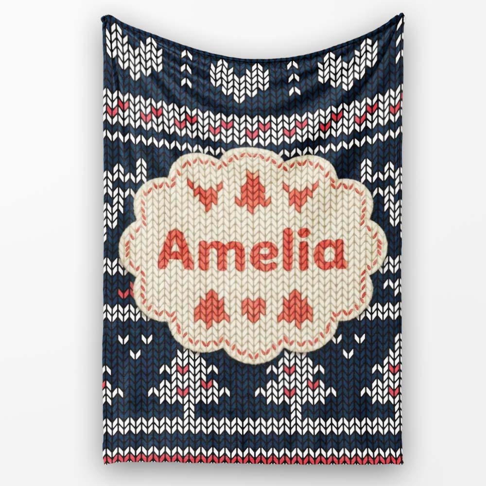 Cute Blue Nordic Snowflake Winter Traditional Knitted Seamless Personalised Custom Name Super Soft Fleece Blanket Bed Sofa Throw