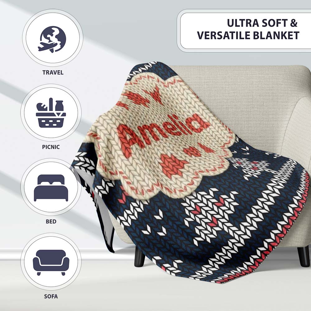 Cute Blue Nordic Snowflake Winter Traditional Knitted Seamless Personalised Custom Name Super Soft Fleece Blanket Bed Sofa Throw