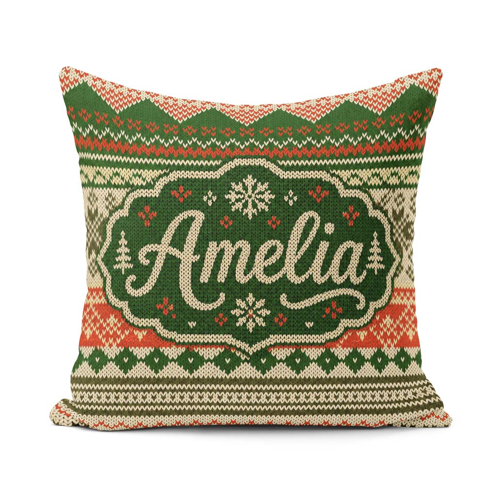Custom Name Green Beige Nordic Geometric Winter Knitted Seamless Square Filled Cushion Throw Pillow Sofa Bed Home Decor Zip Washable UK Made