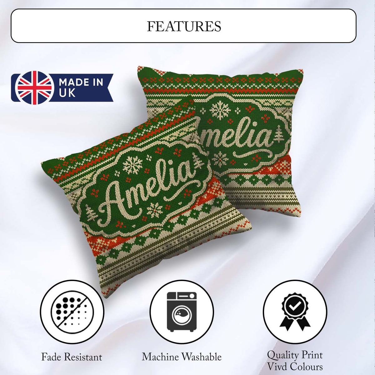 Custom Name Green Beige Nordic Geometric Winter Knitted Seamless Square Filled Cushion Throw Pillow Sofa Bed Home Decor Zip Washable UK Made