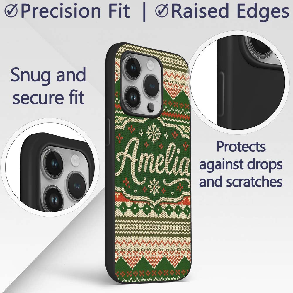 Cute Green Beige Nordic Geometric Winter Knitted Custom Name Protective Phone Case Mobile Cover Durable Everyday Smartphone Shock Resistant