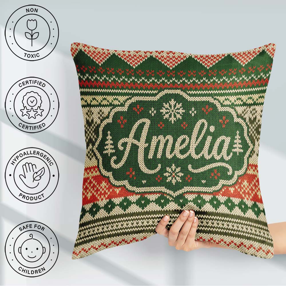 Custom Name Green Beige Nordic Geometric Winter Knitted Seamless Square Filled Cushion Throw Pillow Sofa Bed Home Decor Zip Washable UK Made