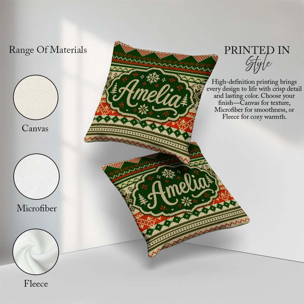 Custom Name Green Beige Nordic Geometric Winter Knitted Seamless Square Filled Cushion Throw Pillow Sofa Bed Home Decor Zip Washable UK Made