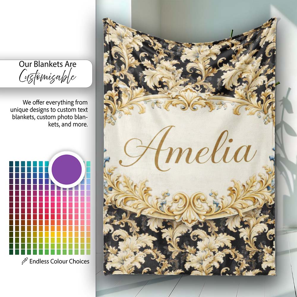 Ivory Gold Damask Seamless Pattern Classic Elegant Ornamental Lovely Personalised Custom Name Super Soft Fleece Blanket Bed Sofa Throw