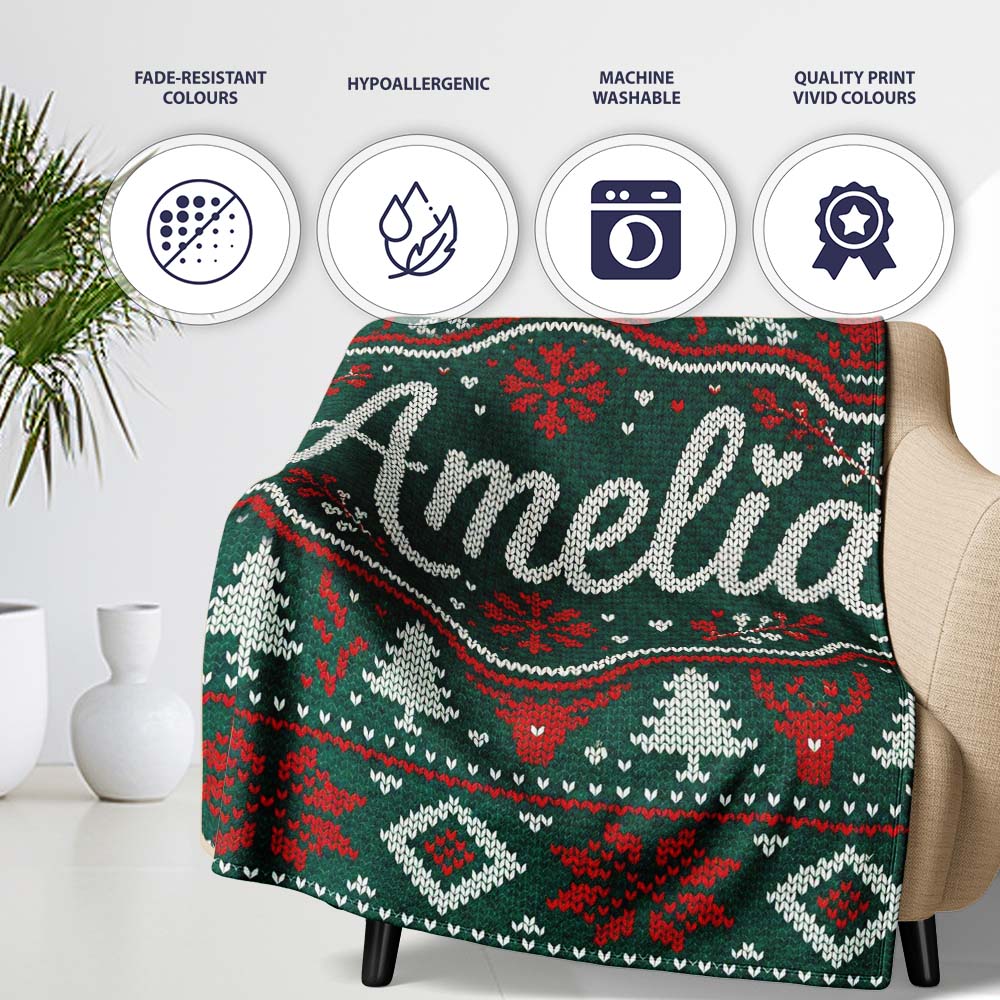 Cute Green Red Nordic Animal Winter Festive Knitted Seamless Pattern Personalised Custom Name Super Soft Fleece Blanket Bed Sofa Throw