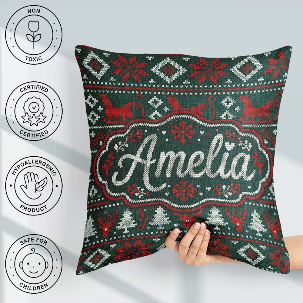 Custom Name Cute Green Red Nordic Animal Winter Festive Seamless Square Filled Cushion Throw Pillow Sofa Bed Home Decor Zip Washable UK Made