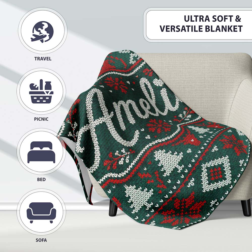 Cute Green Red Nordic Animal Winter Festive Knitted Seamless Pattern Personalised Custom Name Super Soft Fleece Blanket Bed Sofa Throw