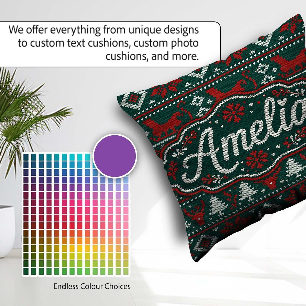Custom Name Cute Green Red Nordic Animal Winter Festive Seamless Square Filled Cushion Throw Pillow Sofa Bed Home Decor Zip Washable UK Made