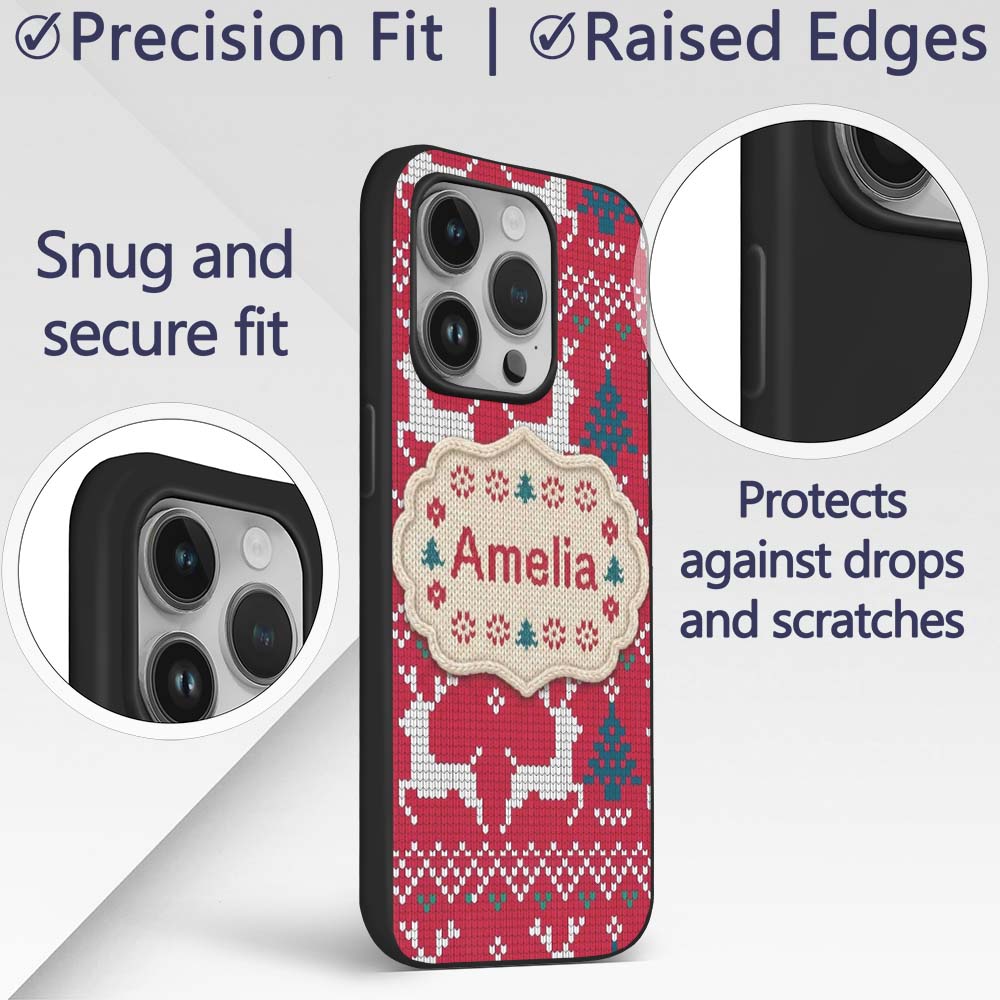 Cute Red Nordic Reindeer Snowflake Christmas Custom Name Protective Phone Case Mobile Cover Durable Everyday Smartphone Shock Resistant