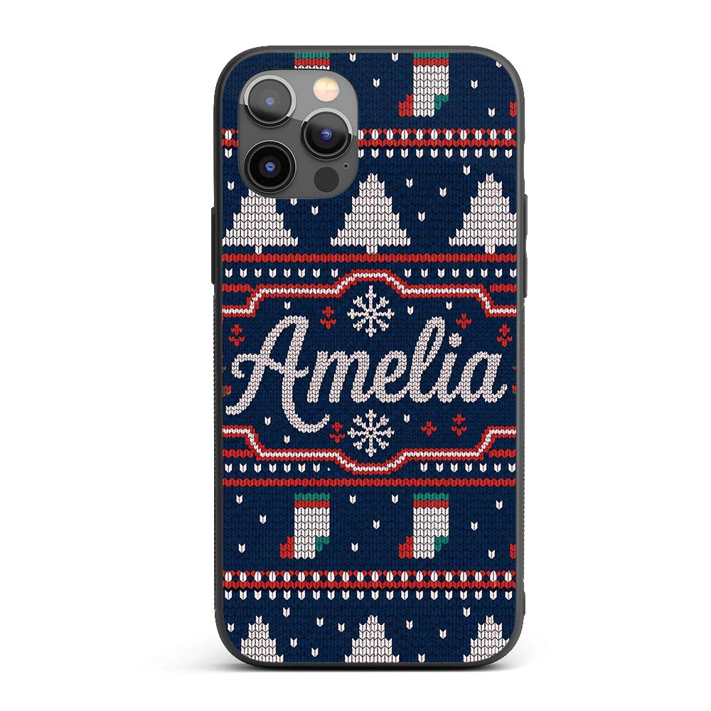 Cute Blue Nordic Reindeer Mountain Winter Knitted Custom Name Protective Phone Case Mobile Cover Durable Everyday Smartphone Shock Resistant