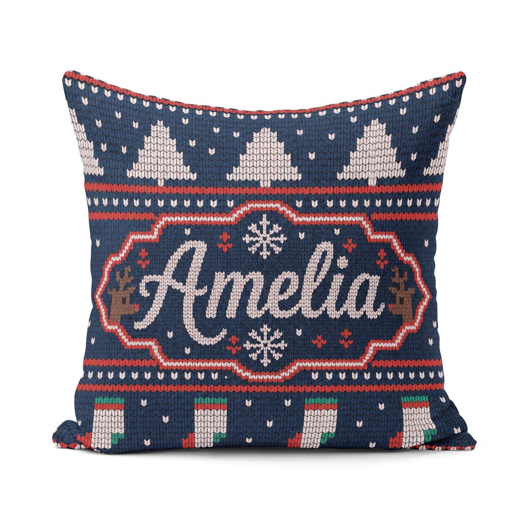 Custom Name Blue Nordic Reindeer Mountain Winter Knitted Pattern Square Filled Cushion Throw Pillow Sofa Bed Home Decor Zip Washable UK Made