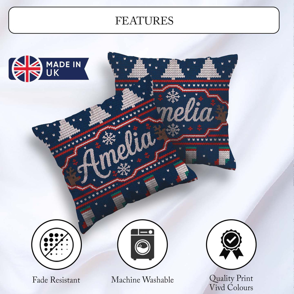 Custom Name Blue Nordic Reindeer Mountain Winter Knitted Pattern Square Filled Cushion Throw Pillow Sofa Bed Home Decor Zip Washable UK Made