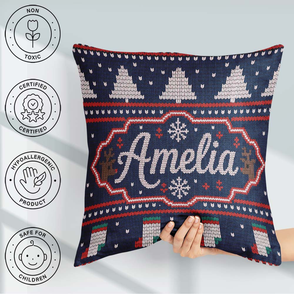 Custom Name Blue Nordic Reindeer Mountain Winter Knitted Pattern Square Filled Cushion Throw Pillow Sofa Bed Home Decor Zip Washable UK Made