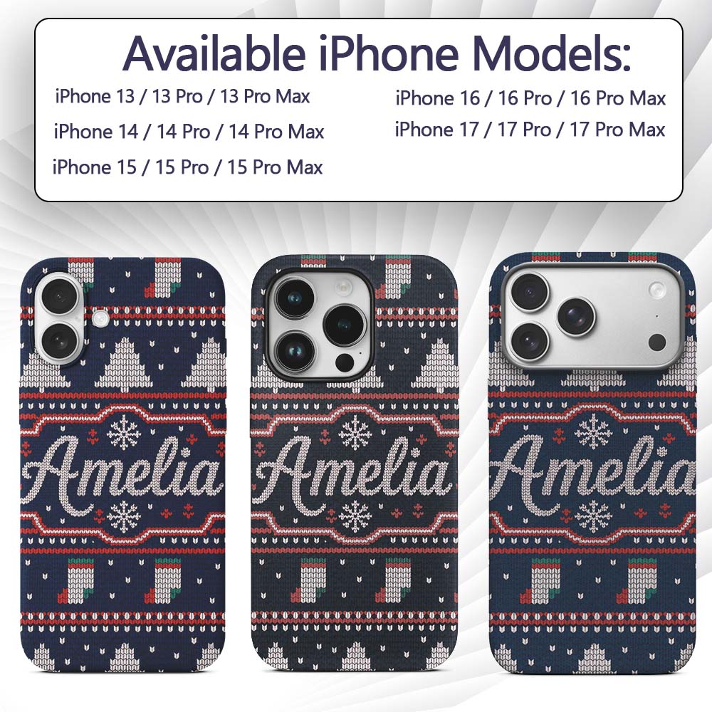 Cute Blue Nordic Reindeer Mountain Winter Knitted Custom Name Protective Phone Case Mobile Cover Durable Everyday Smartphone Shock Resistant
