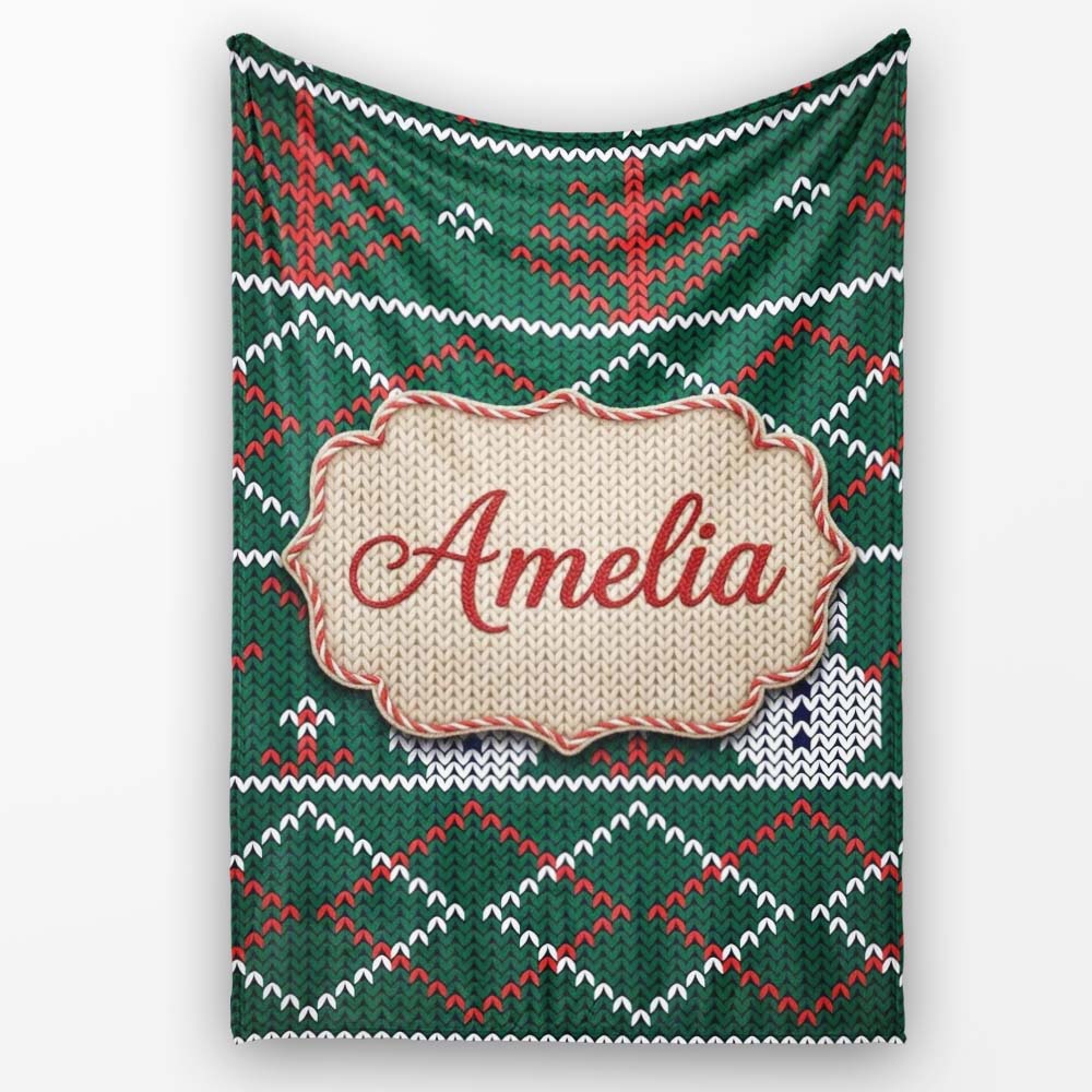 Cute Green Nordic Llama Alpaca Winter Christmas Knitted Seamless Personalised Custom Name Super Soft Fleece Blanket Bed Sofa Throw
