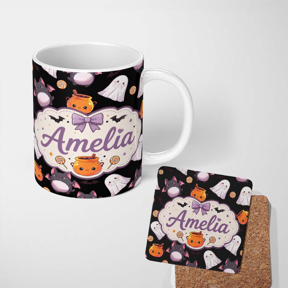 Personalized Custom Name Cute Halloween Ghost Bat Candy Pumpkin Seamless Pattern White Lovely 11oz Ceramic Coffee Tea Mug White Large Handle