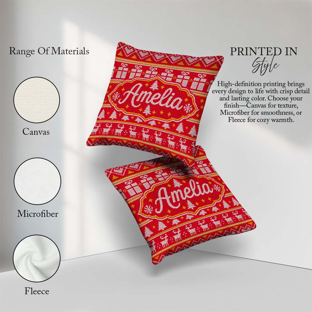 Custom Name Cute Red Christmas Box Tree Festive Knitted Seamless Square Filled Cushion Throw Pillow Sofa Bed Home Decor Zip Washable UK Made