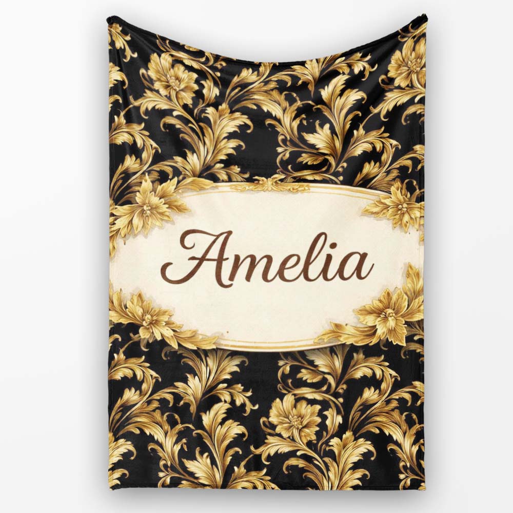 Rich Gold Black Floral Baroque Seamless Luxury Vintage Ornamental Personalised Custom Name Super Soft Fleece Blanket Bed Sofa Throw