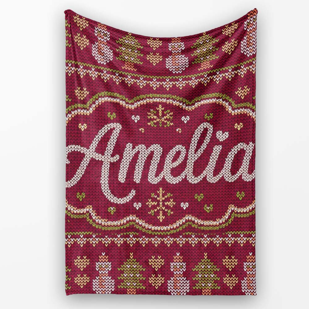 Cute Burgundy Christmas Tree Ornament Nordic Knitted Seamless Lovely Personalised Custom Name Super Soft Fleece Blanket Bed Sofa Throw