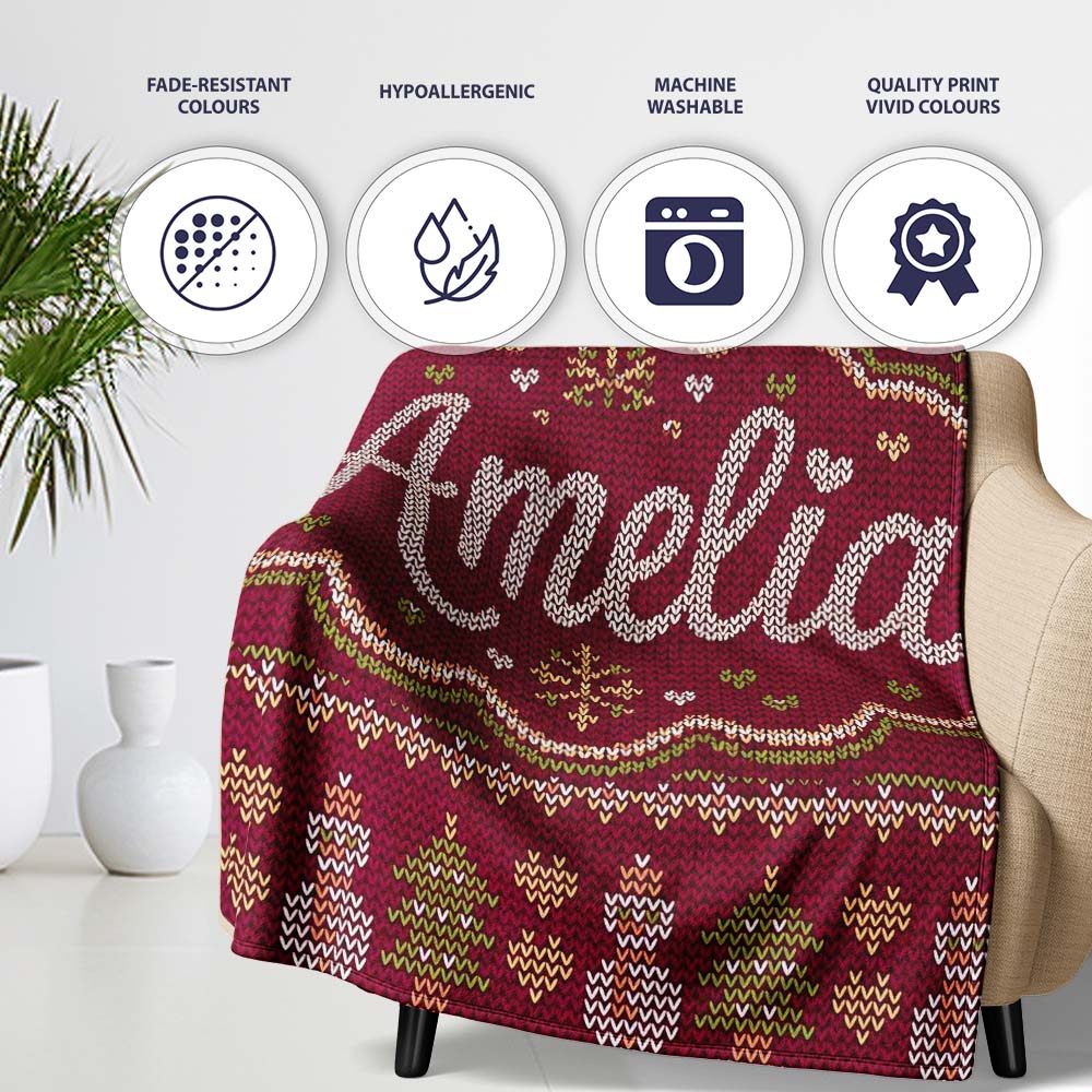 Cute Burgundy Christmas Tree Ornament Nordic Knitted Seamless Lovely Personalised Custom Name Super Soft Fleece Blanket Bed Sofa Throw