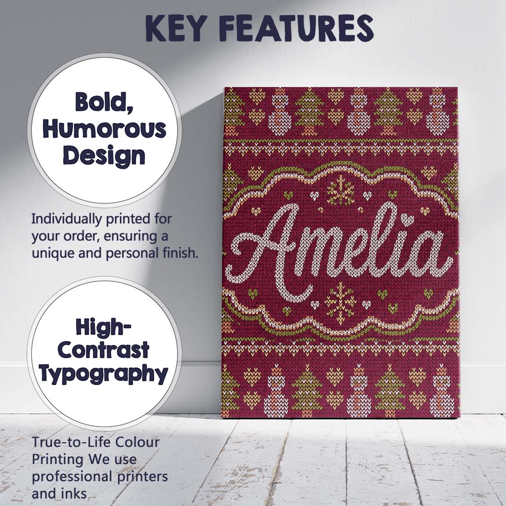 Personalised Name Cute Burgundy Christmas Custom Unique Gift Idea Elegant Feature Canvas Wall Art Print Decor Picture Ready to Hang