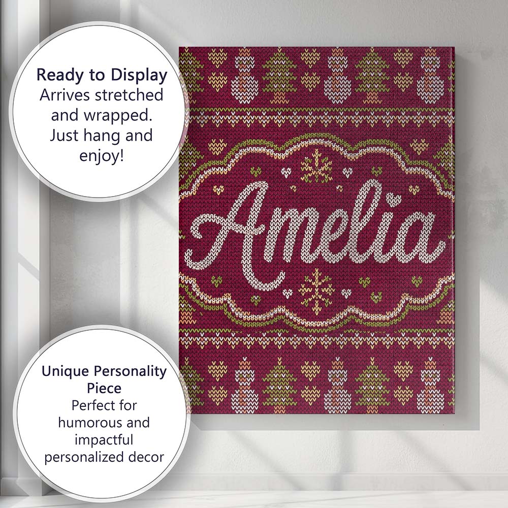 Personalised Name Cute Burgundy Christmas Custom Unique Gift Idea Elegant Feature Canvas Wall Art Print Decor Picture Ready to Hang