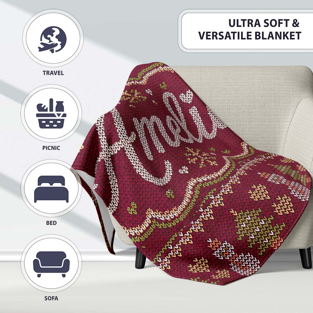 Cute Burgundy Christmas Tree Ornament Nordic Knitted Seamless Lovely Personalised Custom Name Super Soft Fleece Blanket Bed Sofa Throw