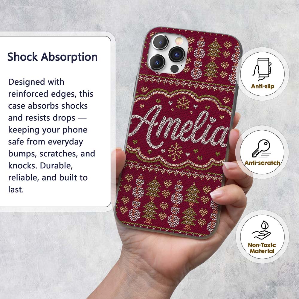 Cute Burgundy Christmas Tree Ornament Nordic Custom Name Protective Phone Case Mobile Cover Durable Everyday Smartphone Shock Resistant
