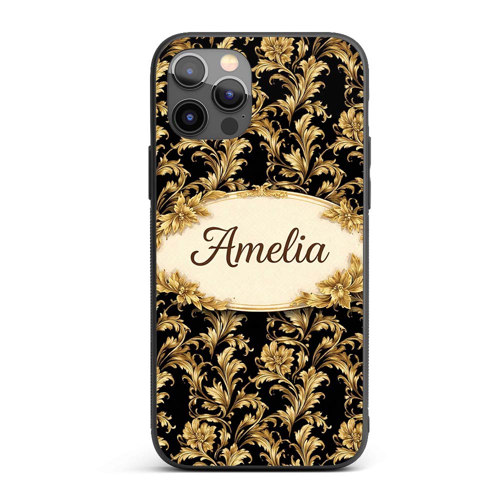 Rich Gold Black Floral Baroque Seamless Luxury Custom Name Protective Phone Case Mobile Cover Durable Everyday Smartphone Shock Resistant