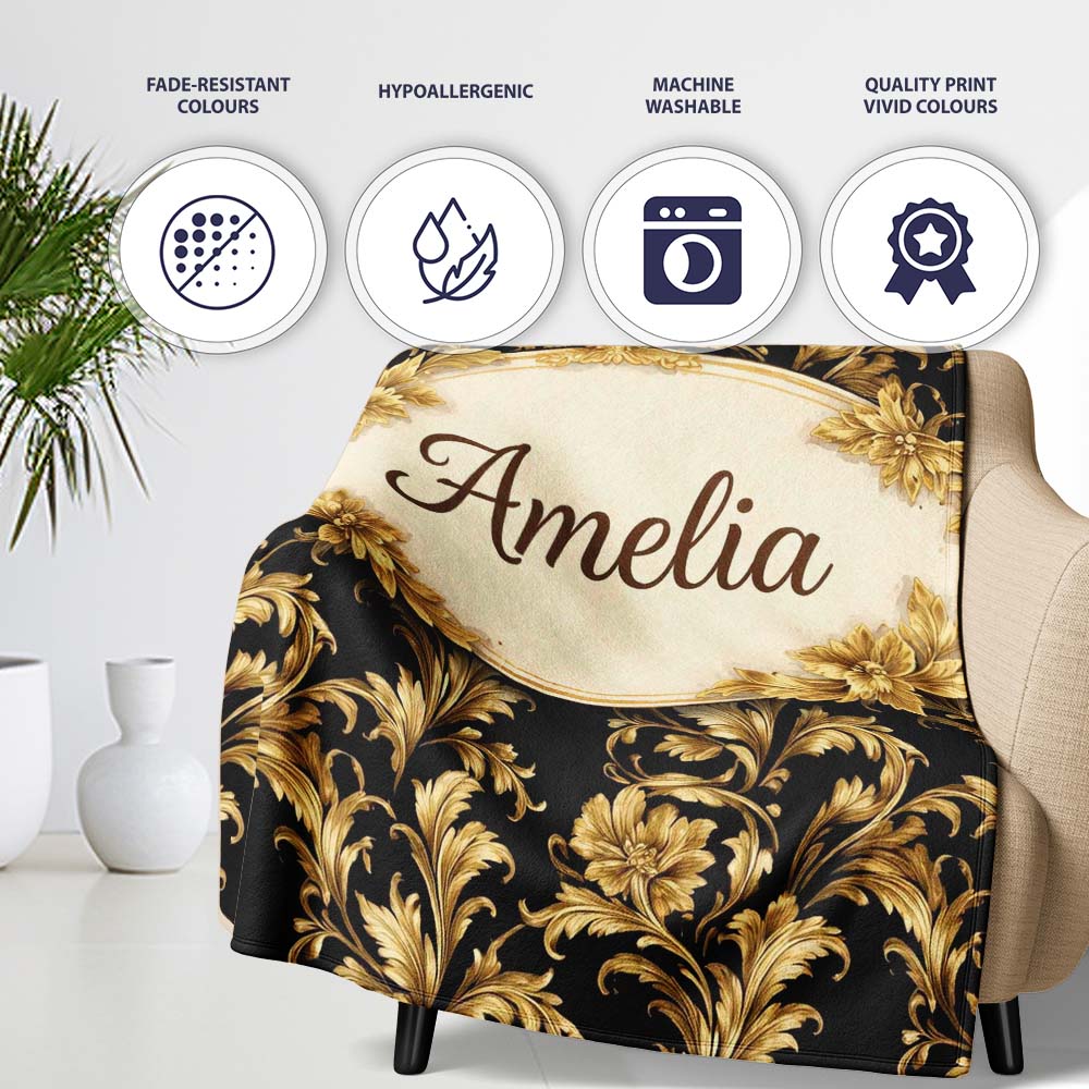 Rich Gold Black Floral Baroque Seamless Luxury Vintage Ornamental Personalised Custom Name Super Soft Fleece Blanket Bed Sofa Throw