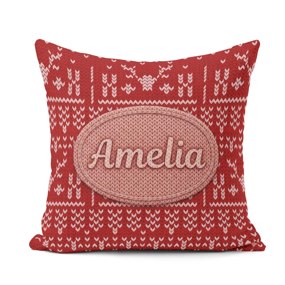 Custom Name Cute Red Nordic Snowflake Winter Traditional Knitted Square Filled Cushion Throw Pillow Sofa Bed Home Decor Zip Washable UK Made