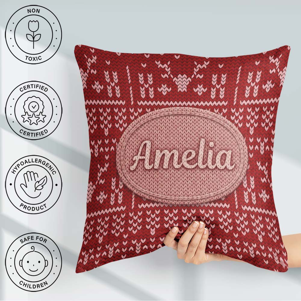 Custom Name Cute Red Nordic Snowflake Winter Traditional Knitted Square Filled Cushion Throw Pillow Sofa Bed Home Decor Zip Washable UK Made