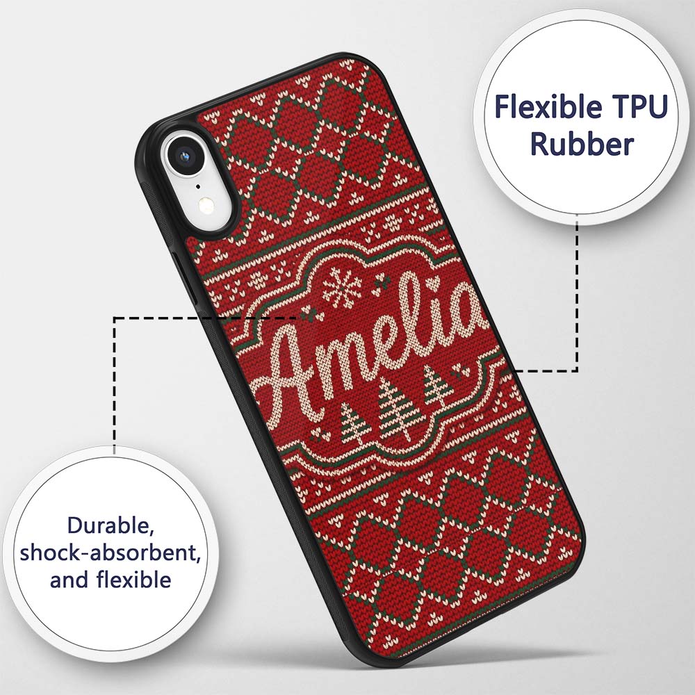 Cute Red Heart Christmas Tree Festive Nordic Custom Name Protective Phone Case Mobile Cover Durable Everyday Smartphone Shock Resistant