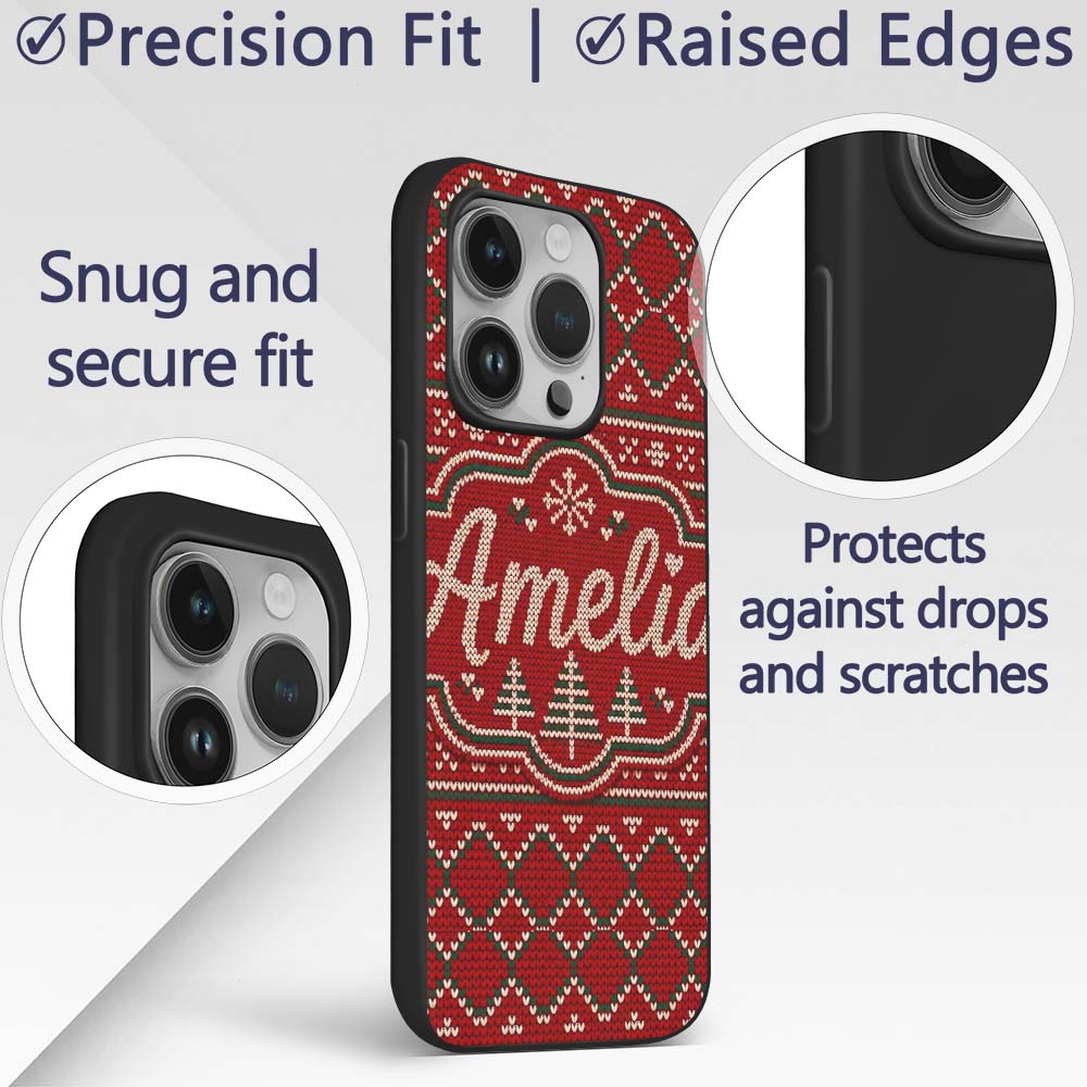 Cute Red Heart Christmas Tree Festive Nordic Custom Name Protective Phone Case Mobile Cover Durable Everyday Smartphone Shock Resistant