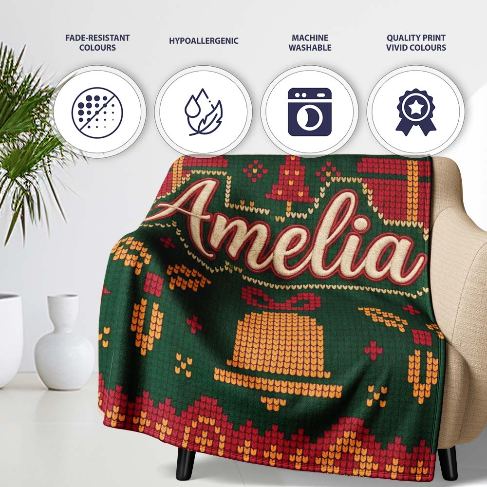 Cute Green Christmas Gift Box Bow Ornament Festive Knitted Seamless Personalised Custom Name Super Soft Fleece Blanket Bed Sofa Throw