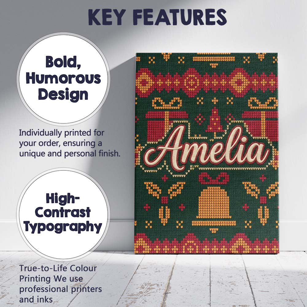 Personalised Name Cute Green Christmas Custom Modern Room Accent Elegant Feature Canvas Wall Art Print Decor Picture Ready to Hang