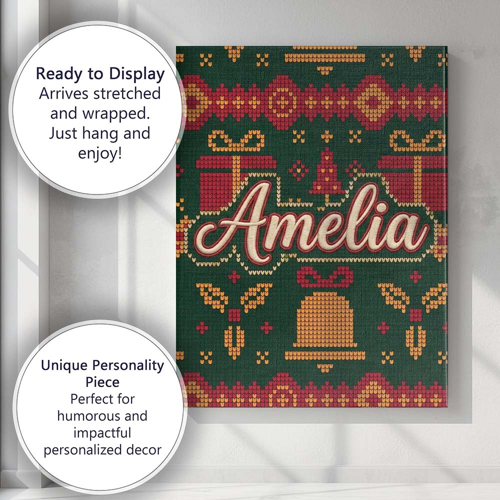 Personalised Name Cute Green Christmas Custom Modern Room Accent Elegant Feature Canvas Wall Art Print Decor Picture Ready to Hang