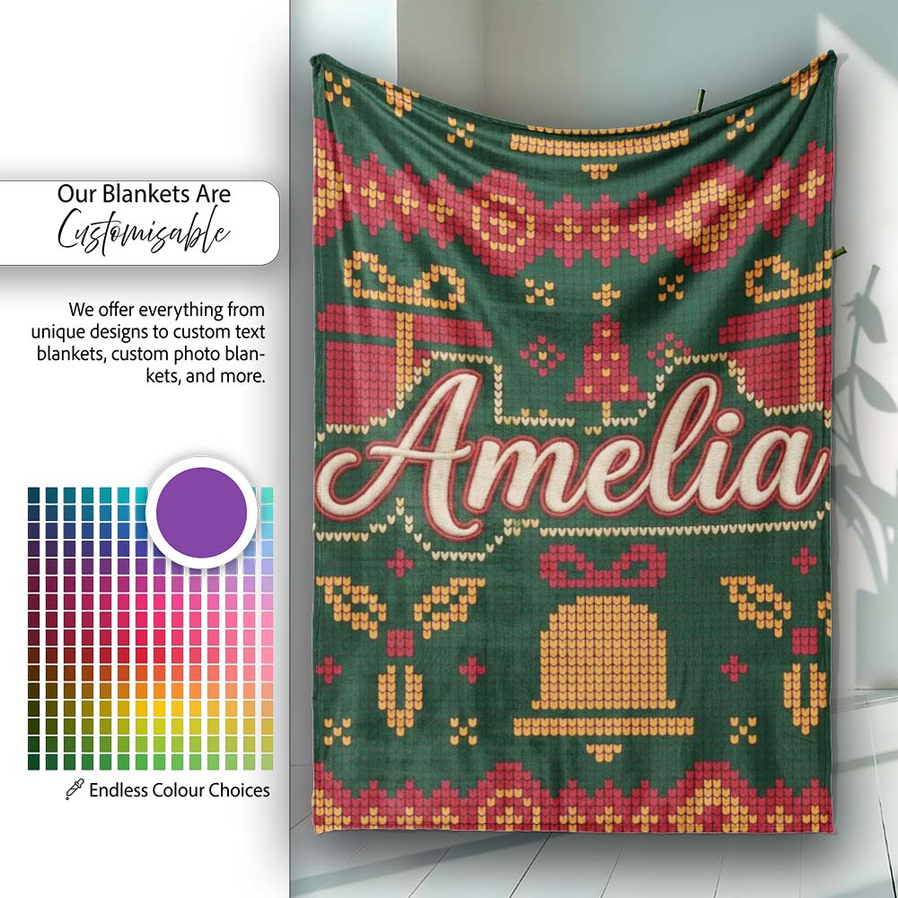 Cute Green Christmas Gift Box Bow Ornament Festive Knitted Seamless Personalised Custom Name Super Soft Fleece Blanket Bed Sofa Throw
