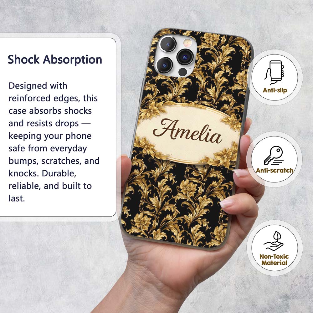 Rich Gold Black Floral Baroque Seamless Luxury Custom Name Protective Phone Case Mobile Cover Durable Everyday Smartphone Shock Resistant