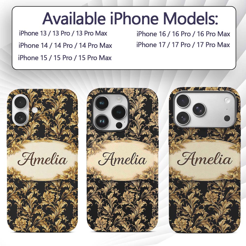 Rich Gold Black Floral Baroque Seamless Luxury Custom Name Protective Phone Case Mobile Cover Durable Everyday Smartphone Shock Resistant