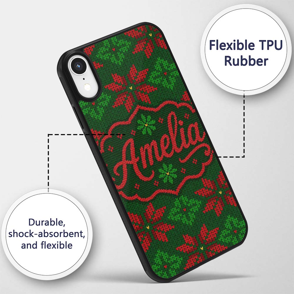 Cute Green Red Nordic Floral Snowflake Winter Custom Name Protective Phone Case Mobile Cover Durable Everyday Smartphone Shock Resistant