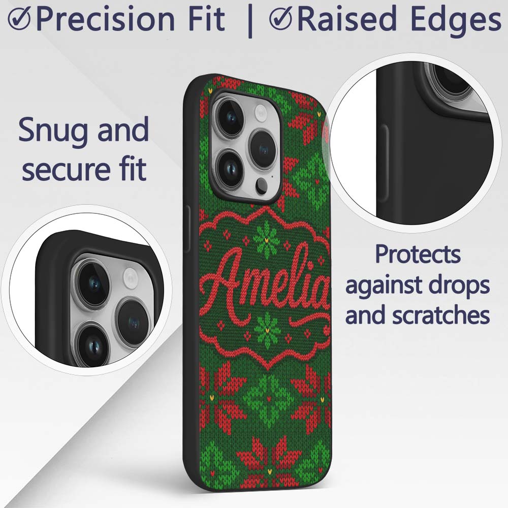 Cute Green Red Nordic Floral Snowflake Winter Custom Name Protective Phone Case Mobile Cover Durable Everyday Smartphone Shock Resistant