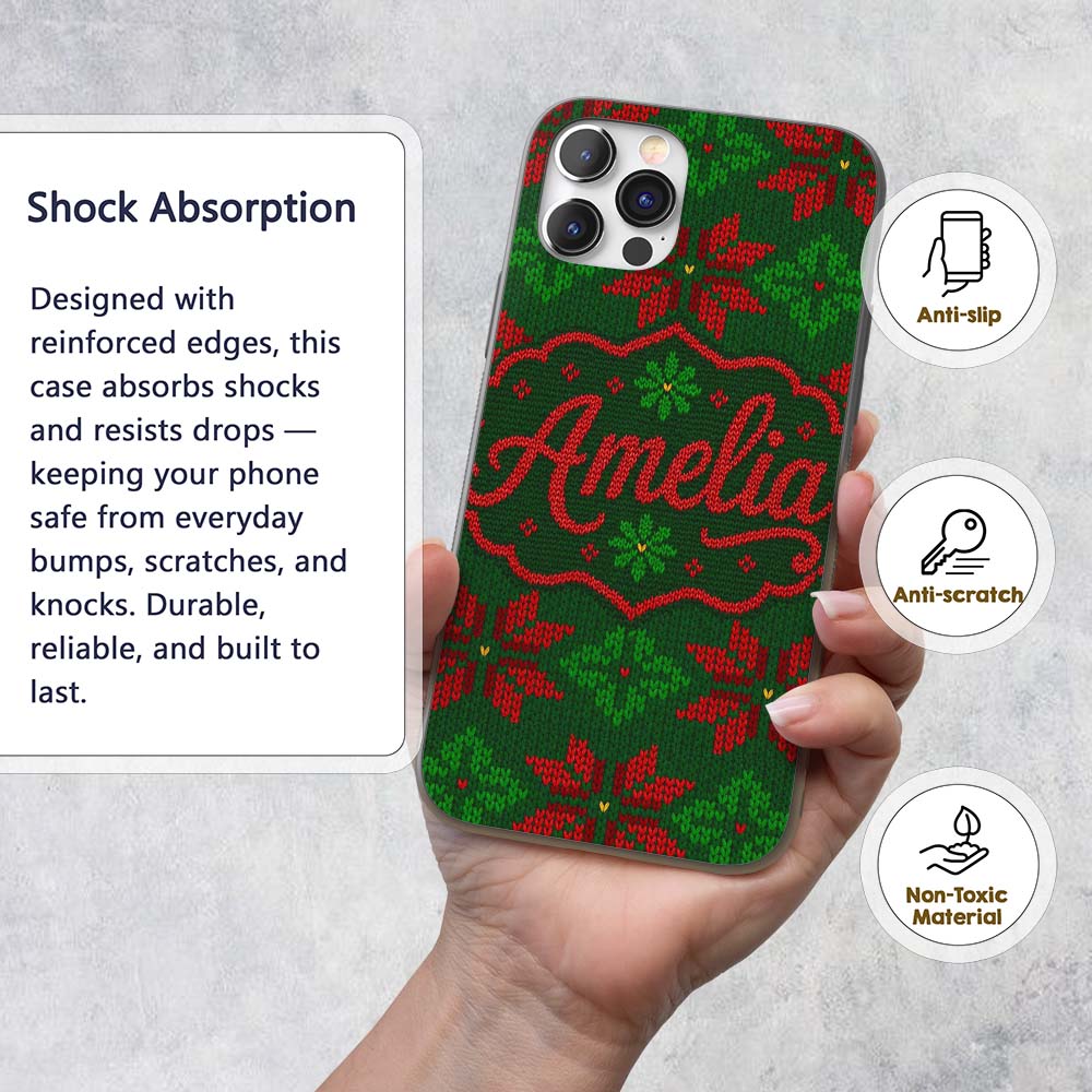 Cute Green Red Nordic Floral Snowflake Winter Custom Name Protective Phone Case Mobile Cover Durable Everyday Smartphone Shock Resistant
