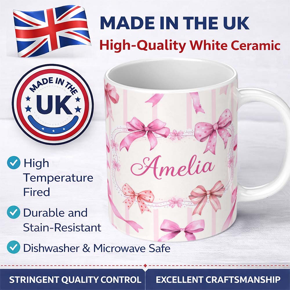Personalized Custom Name Watercolor Pink Ribbon Bow Seamless Pattern with Blush Pink Stripes 11oz Ceramic Coffee Tea Mug White Large Handle