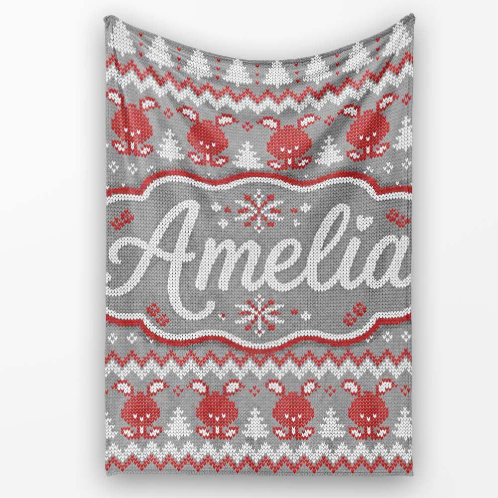 Cute Christmas Bunny Hearts and Trees Knitted Style Seamless Pattern Personalised Custom Name Super Soft Fleece Blanket Bed Sofa Throw