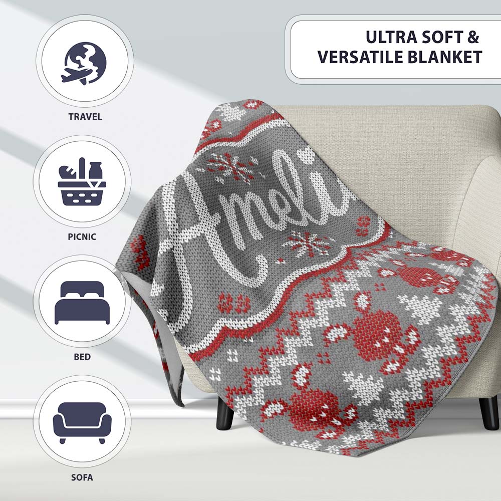 Cute Christmas Bunny Hearts and Trees Knitted Style Seamless Pattern Personalised Custom Name Super Soft Fleece Blanket Bed Sofa Throw