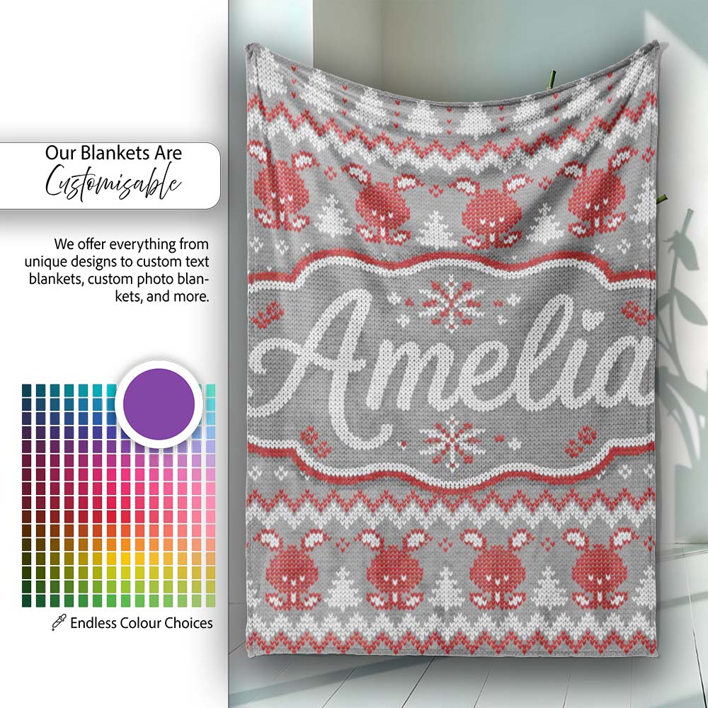 Cute Christmas Bunny Hearts and Trees Knitted Style Seamless Pattern Personalised Custom Name Super Soft Fleece Blanket Bed Sofa Throw
