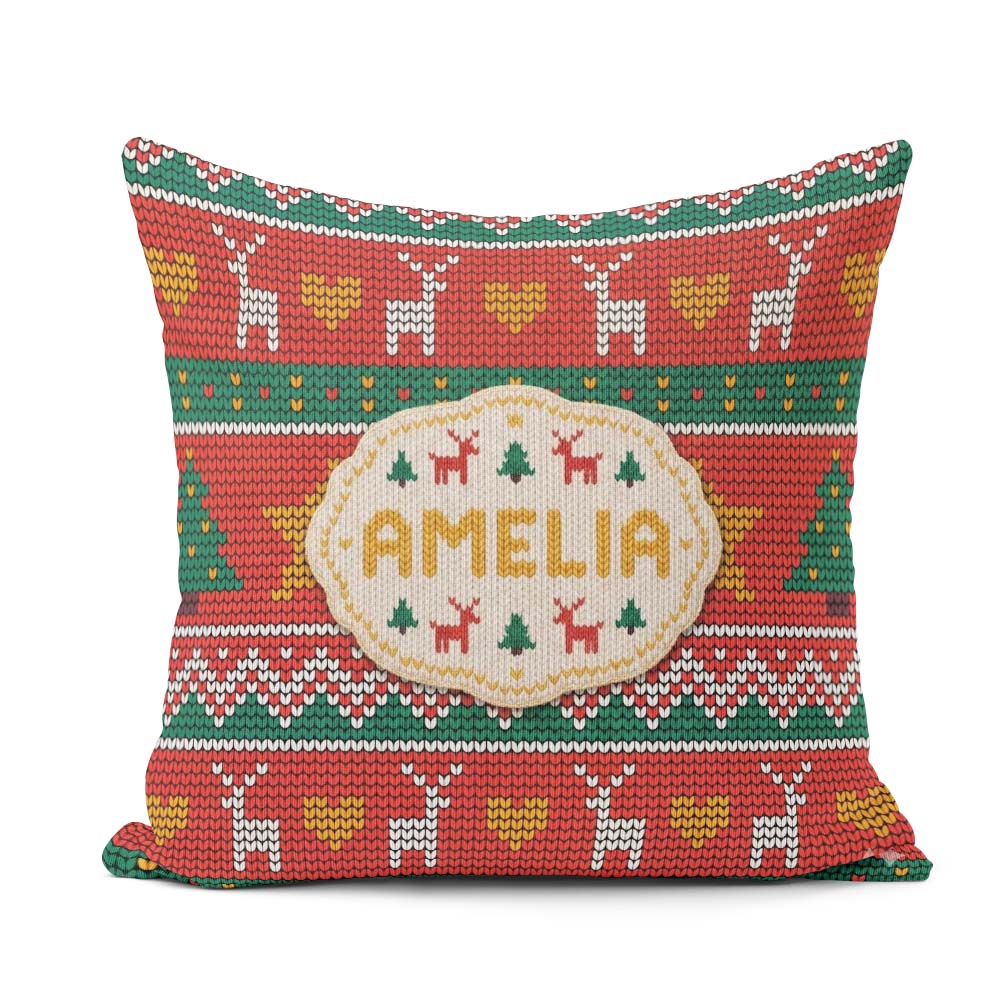 Custom Name Festive Reindeer Christmas Tree Nordic Knit Seamless Square Filled Cushion Throw Pillow Sofa Bed Home Decor Zip Washable UK Made